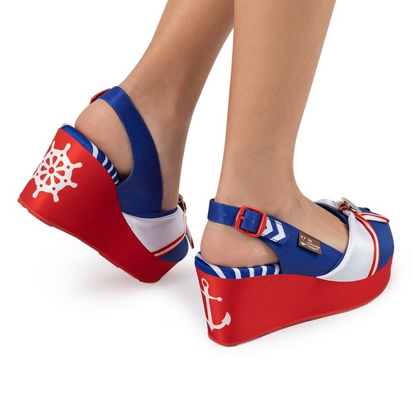 Chocolaticas ANCHOR Red White Blue Sailor Pin-Up Peep Toe Sling Back Platform - Picture 10 of 13
